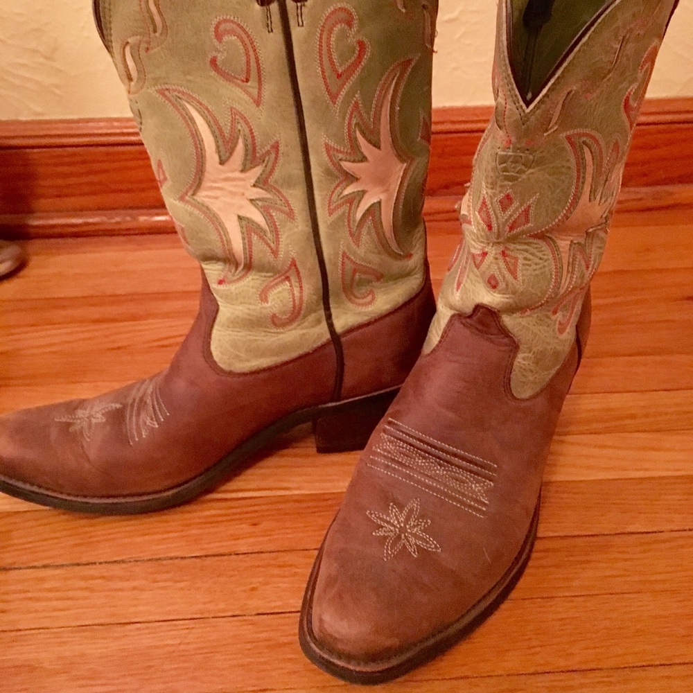 Dark brown and green cowboy boots